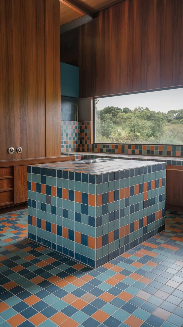 Mid-century modern magic: The vibrant geometric tiles of the island, a playful echo of the floor, bring a burst of color to this sun-drenched kitchen. A view of lush greenery through the window completes the idyllic scene. A perfect blend of retro charm and tranquil escape.