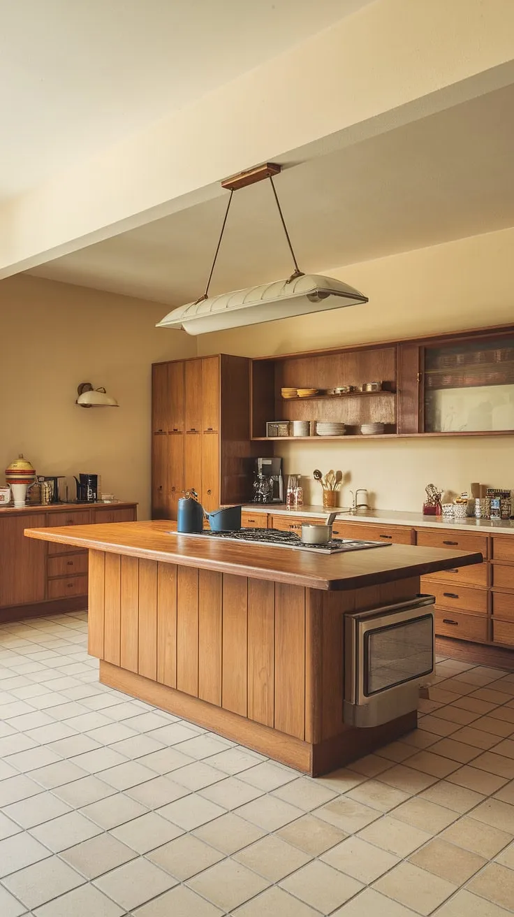 Warm wood tones and a sun-drenched space define this mid-century modern kitchen. The expansive island, a focal point of the room, beckons for culinary adventures and casual gatherings. A timeless design, effortlessly blending functionality with style.
