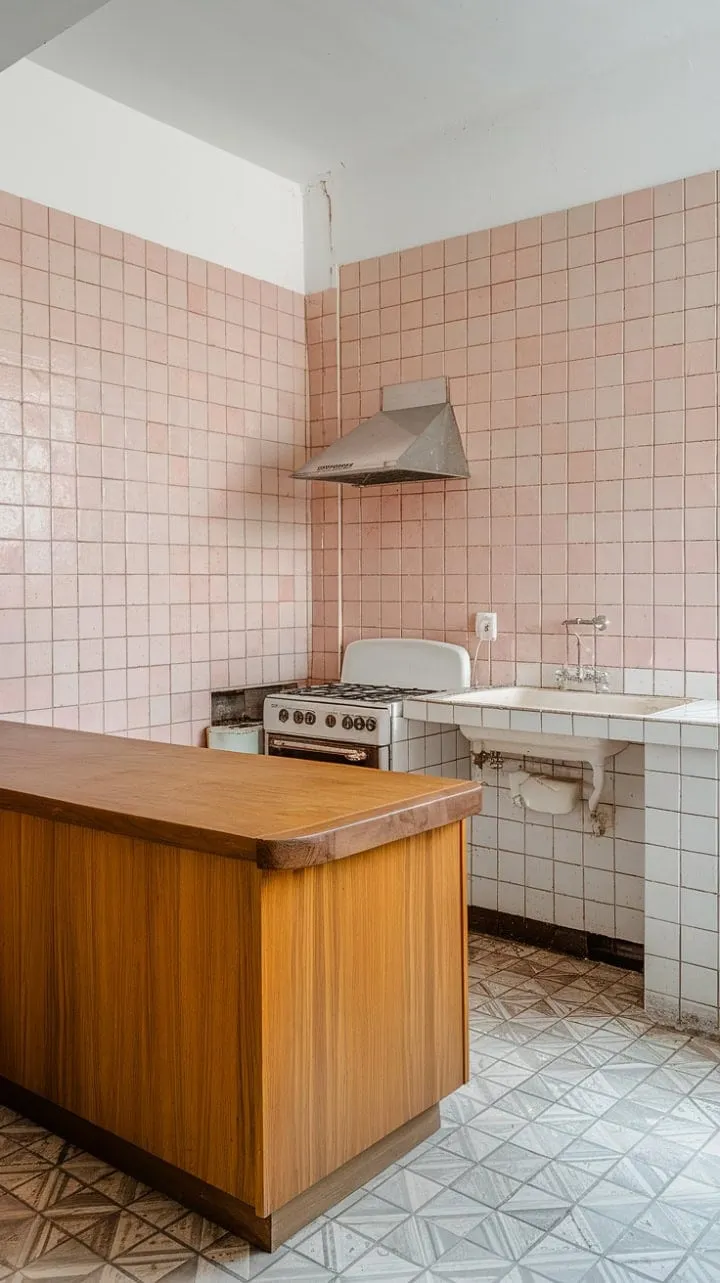 This mid-century kitchen blends clean lines, warm wood, and retro pink accents with stylish tiles and a functional island, embodying timeless design.