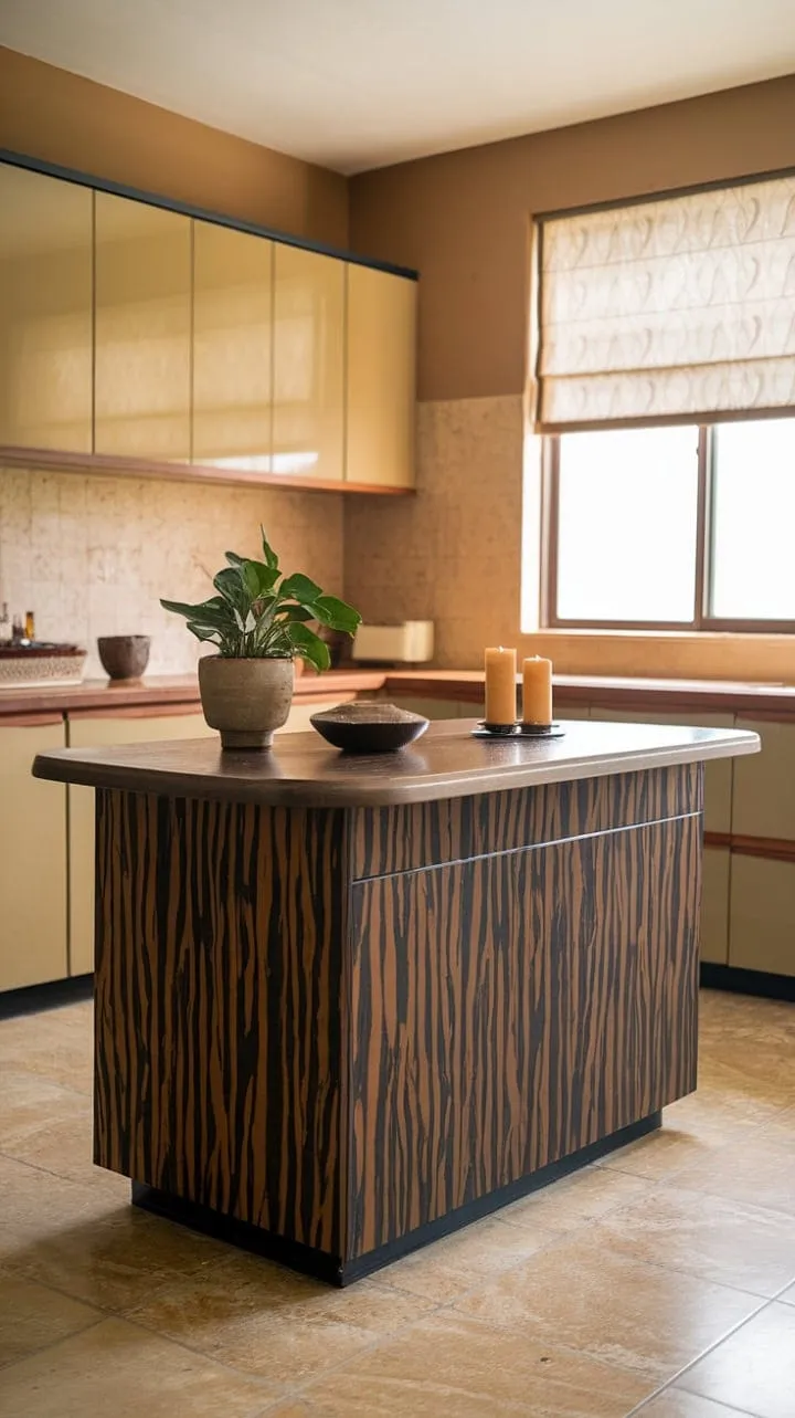 This kitchen exudes serene charm with its warm light, elegant woodgrain island, and cozy decor, making it a perfect blend of mid-century style and inviting comfort.
