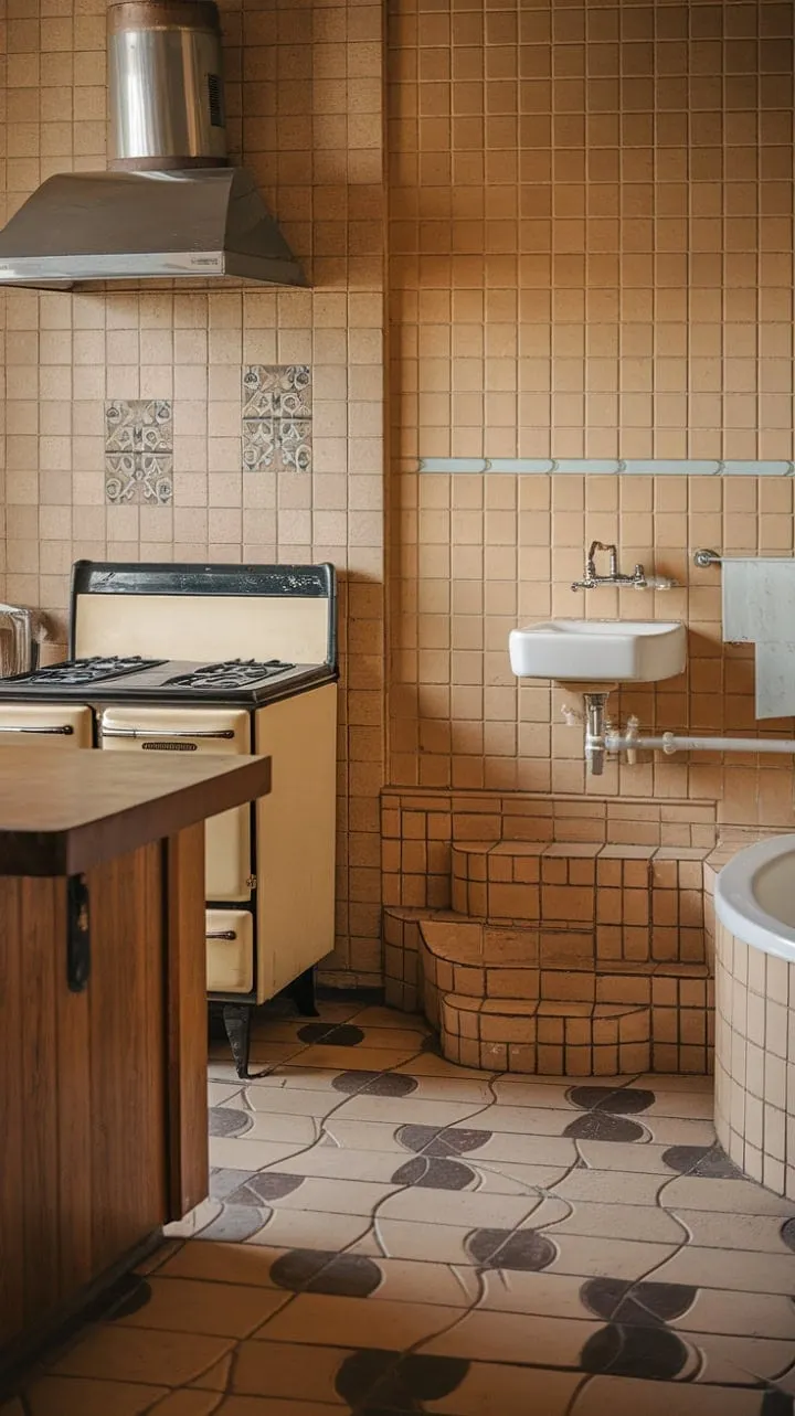 This mid-century haven harmoniously fuses warm wood tones and retro charm, featuring a vintage kitchen stove and unique bathroom tilework that embody timeless design.