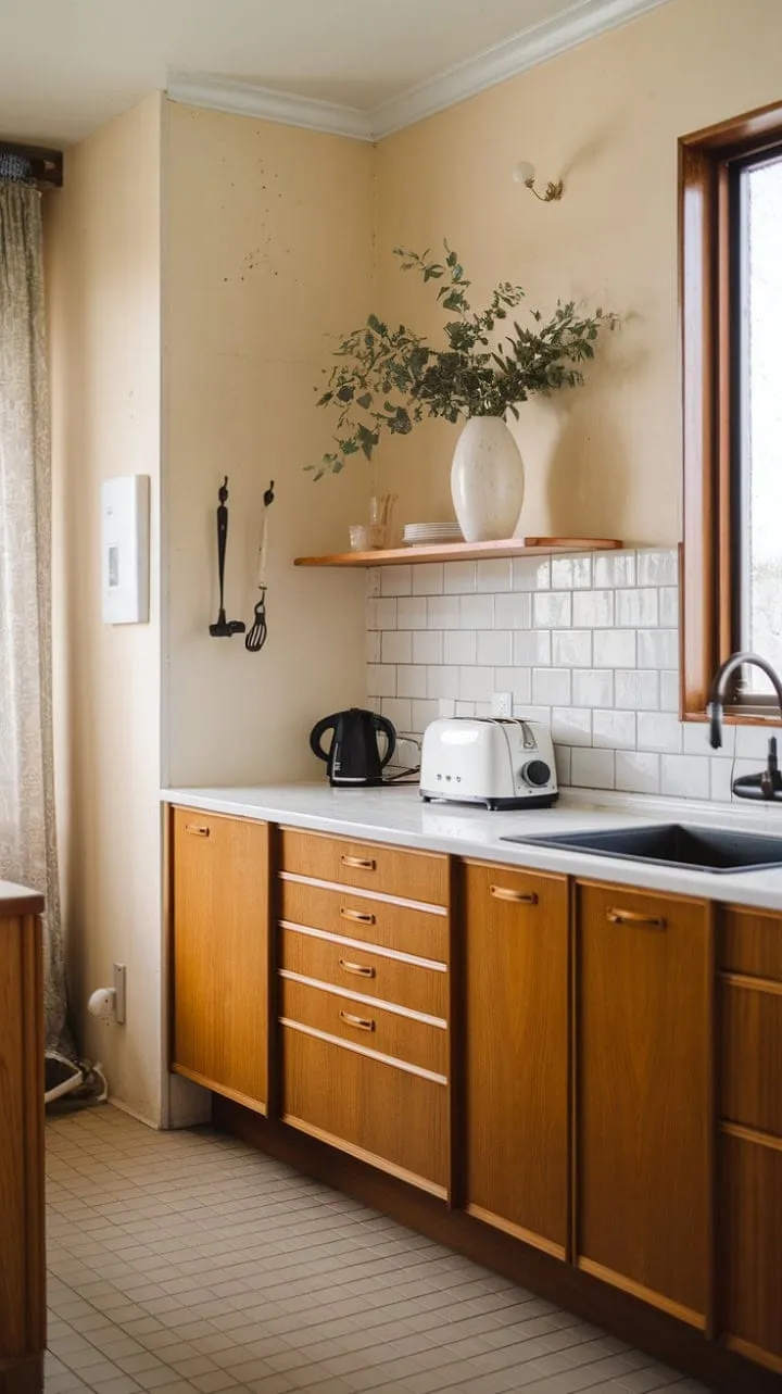 This mid-century modern kitchen harmoniously combines warm wood tones and crisp whites, showcasing intentional simplicity through thoughtful details that embody timeless elegance.