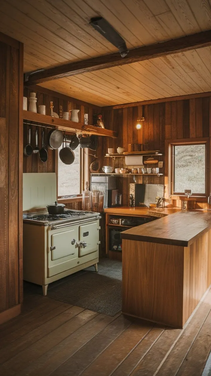 Awakening in a rustic kitchen where morning light dances on wood-paneled walls and the scent of coffee mingles with pine creates a serene sanctuary for crafting memories and meals.