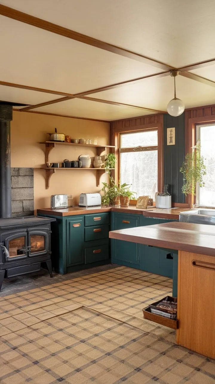 This mid-century modern kitchen, with its dark green cabinets and wood-burning stove, beautifully marries rustic charm and cozy comfort in a warm, woodsy retreat.