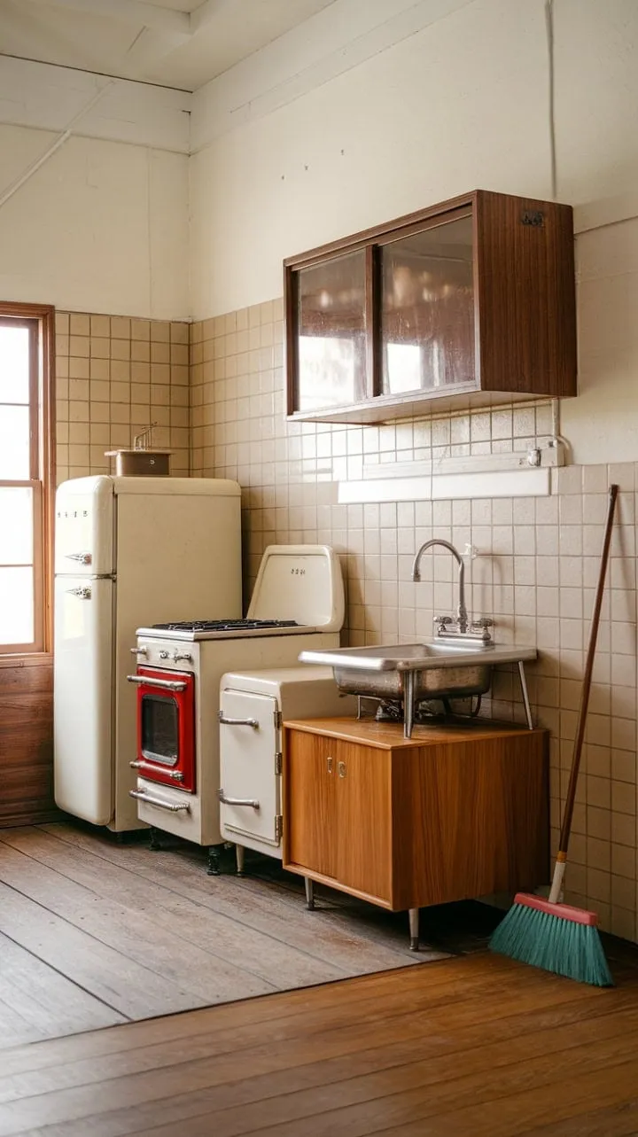 Bathed in sunlight, this inviting kitchen blends vintage charm with modern warmth, showcasing rich wood textures and a cheerful red oven.