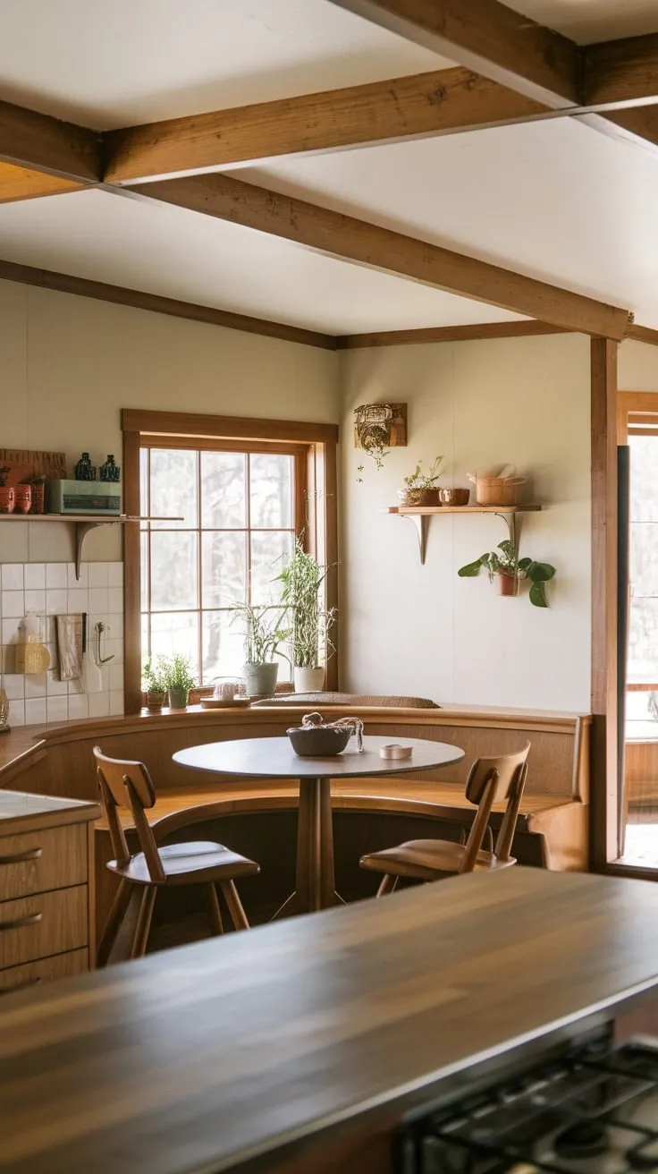 Warm beige walls and wooden beams create a bright, inviting mid-century kitchen with a charming cabin-like breakfast nook.