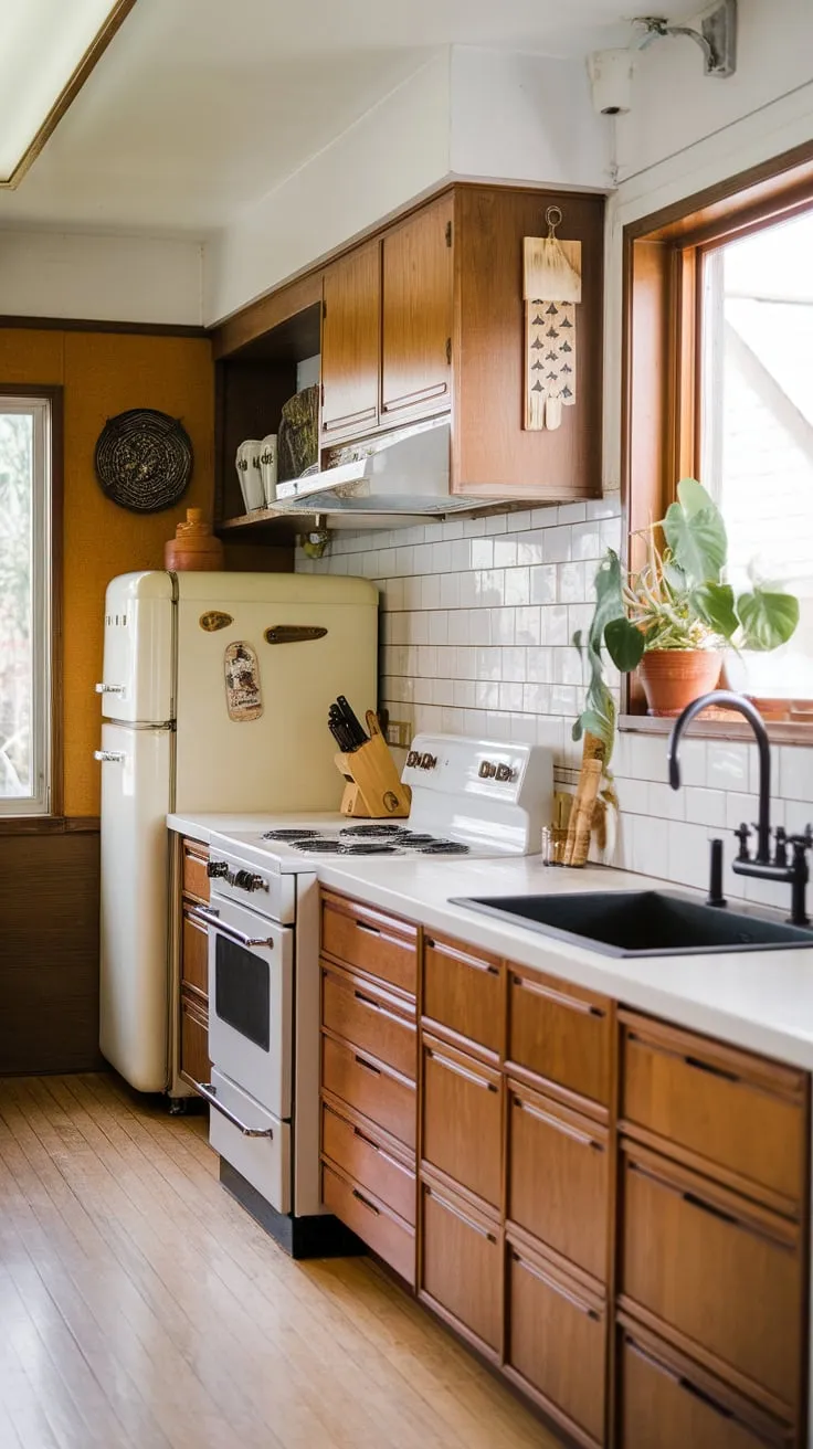 A vintage kitchen's timeless appeal shines through its wood tones, white surfaces, and classic black sink.