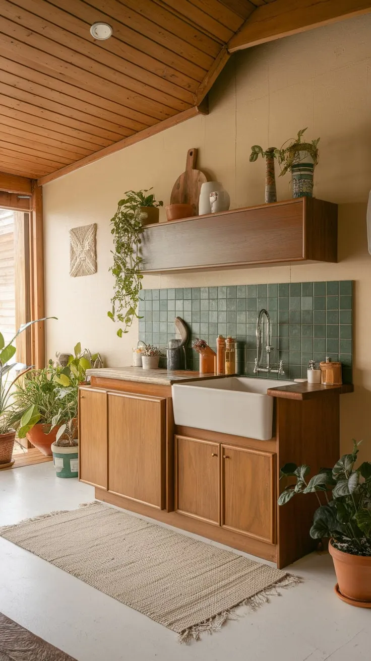 Warm wood tones, a calming green backsplash, and potted plants create a cozy mid-century modern kitchen reminiscent of a wooden cabin.