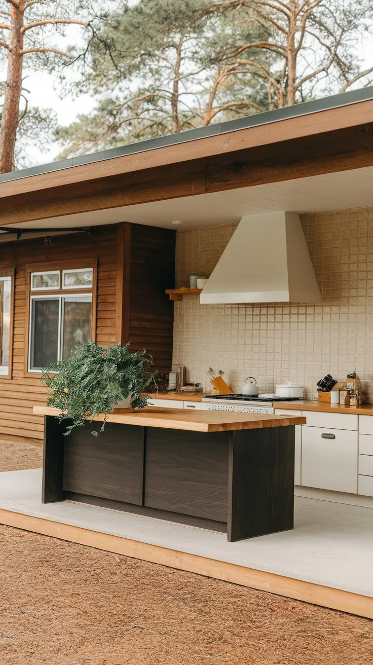 Warm wood tones and clean white lines define this mid-century modern kitchen, nestled beside a charming wooden cabin.