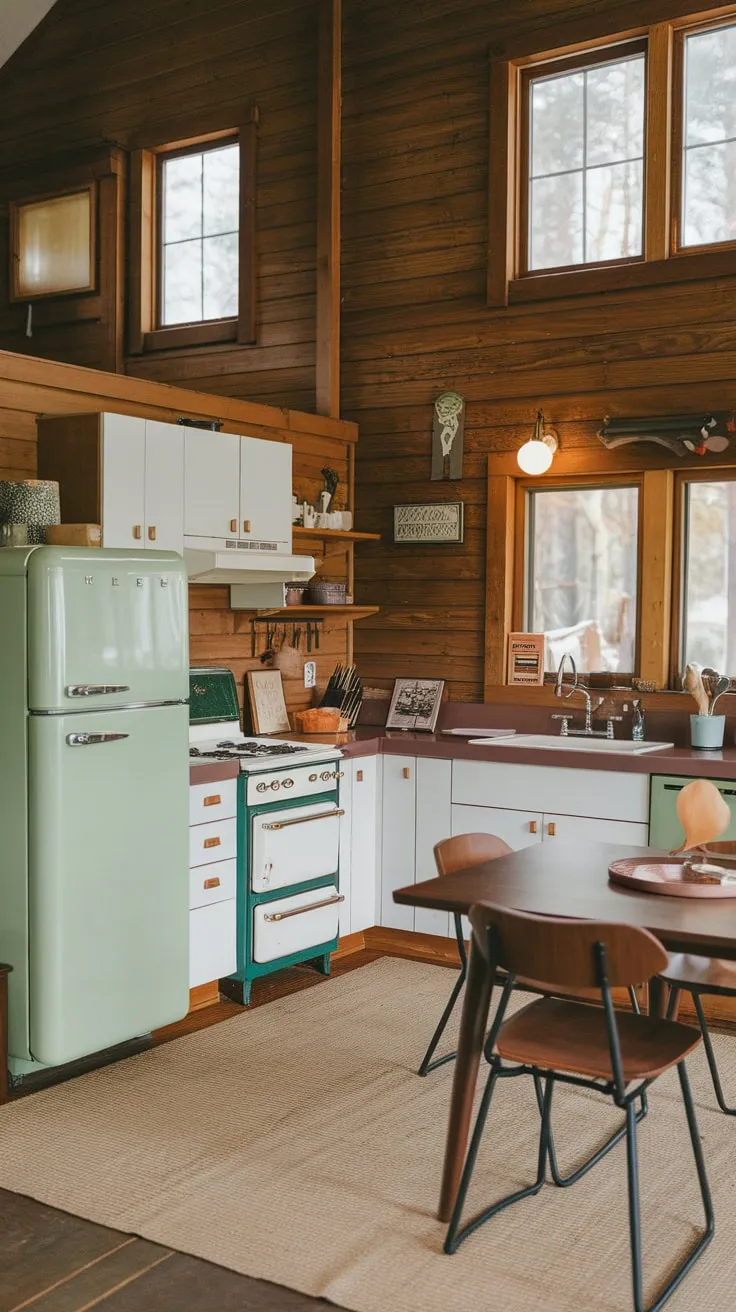 Retro green fridge and white cabinets highlight a mid-century modern kitchen's vintage charm, overlooking a wooden cabin.