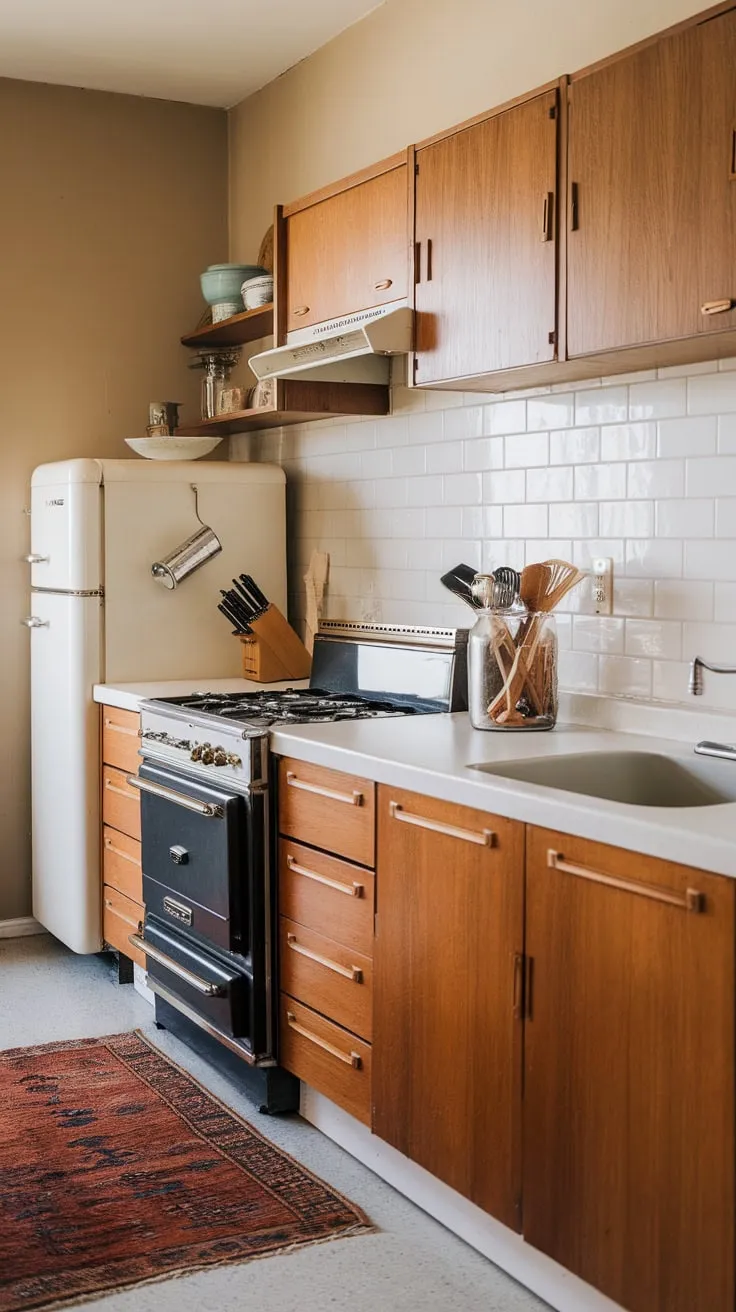 Classic mid-century style shines in this kitchen, featuring warm wood cabinets, crisp white counters, and sleek black appliances.