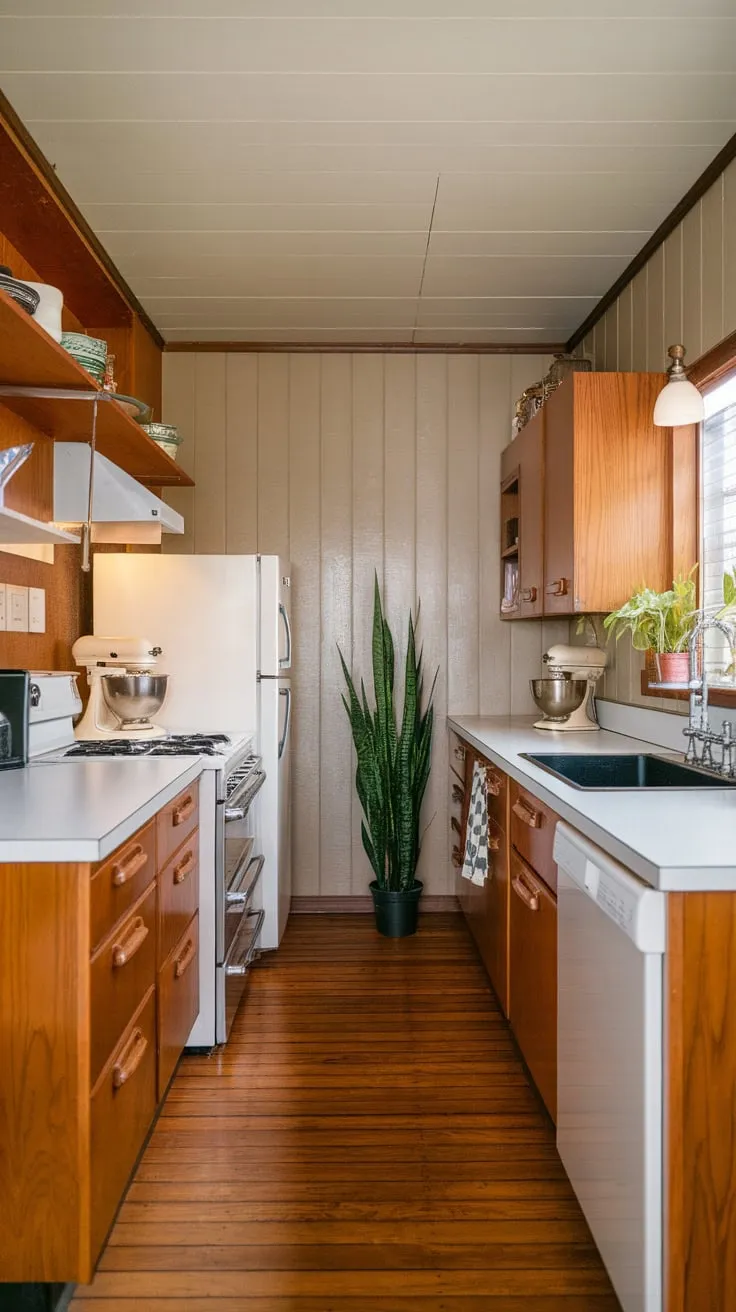 A mid-century kitchen's classic wood and white design is refreshed with a pop of green and vintage appliances.