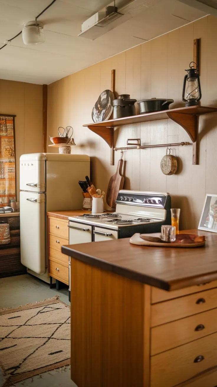 Warm beige walls and wooden accents create a cozy mid-century cabin kitchen vibe.