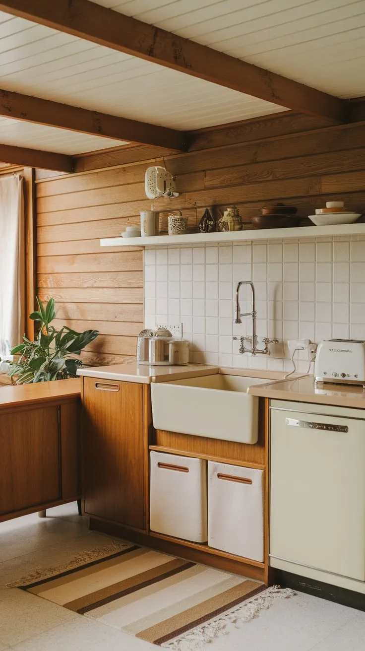 Warm beige and white tones, vintage chrome accents, and wood details create a cozy mid-century modern kitchen nestled in a wood cabin setting.