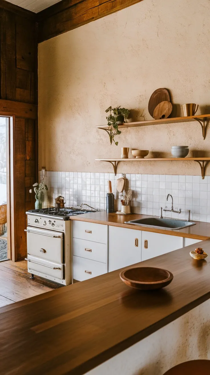 Warm wood tones and vintage appliances define this charming mid-century kitchen.