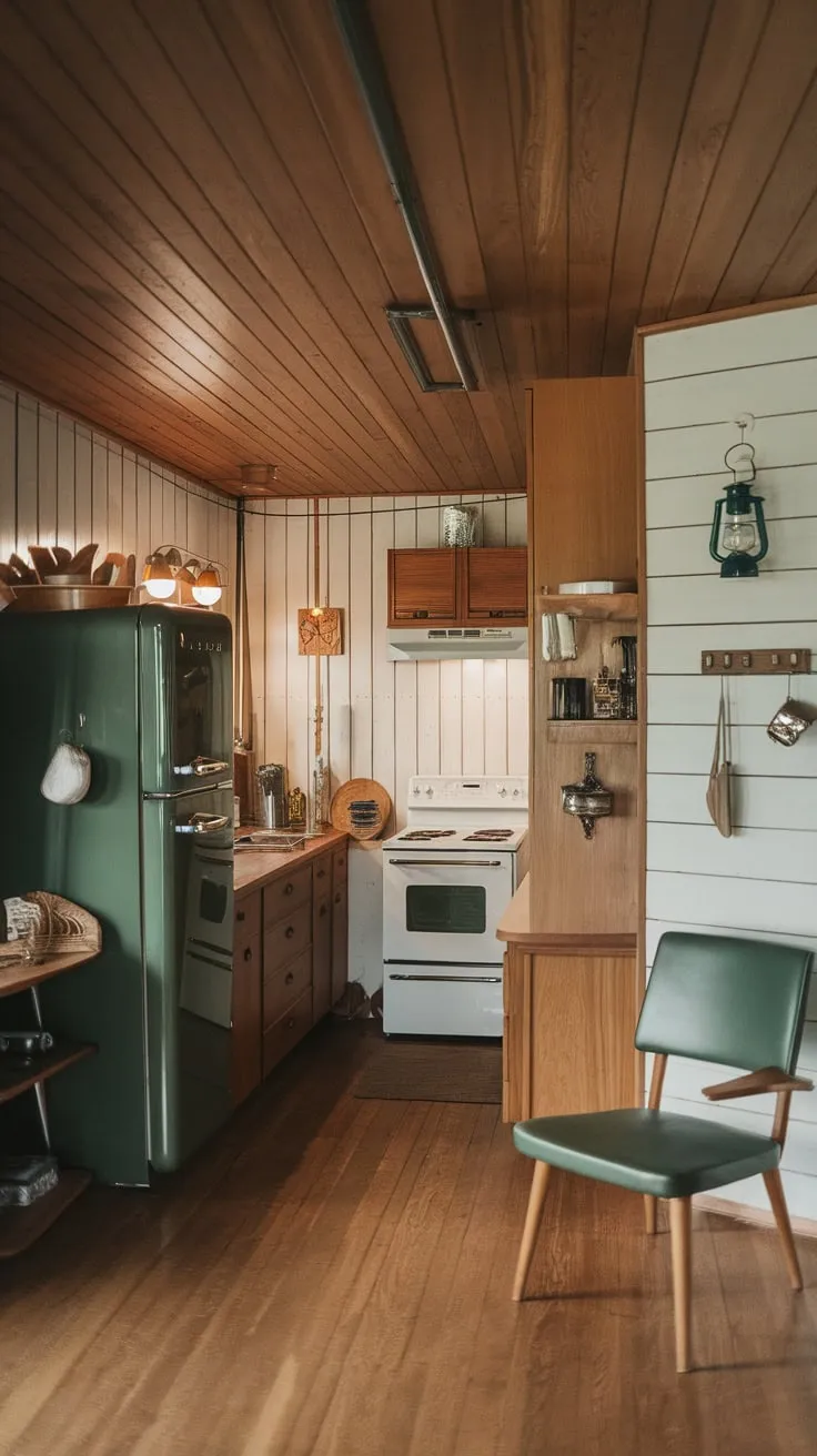 A mid-century kitchen blends cabin coziness with sleek lines, featuring wood tones, a dark green refrigerator, and a warm inviting atmosphere.