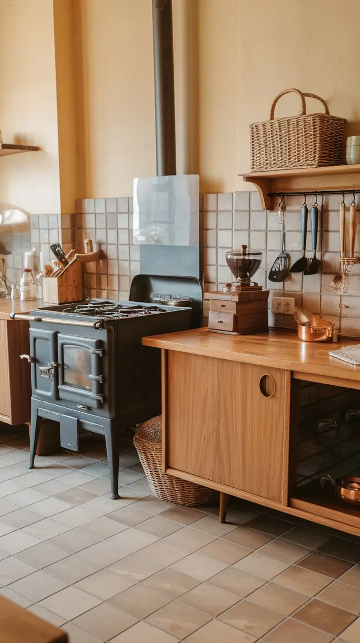 Warm wood tones and vintage details create a cozy mid-century modern kitchen reminiscent of a wooden cabin.