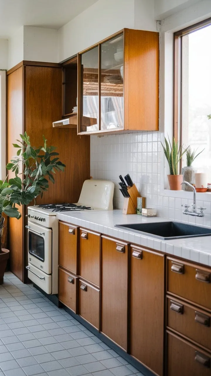 Bathed in sunlight, this mid-century modern kitchen harmoniously blends rich wood tones, a crisp white countertop, and a sleek black sink, all enlivened by a vibrant green plant.