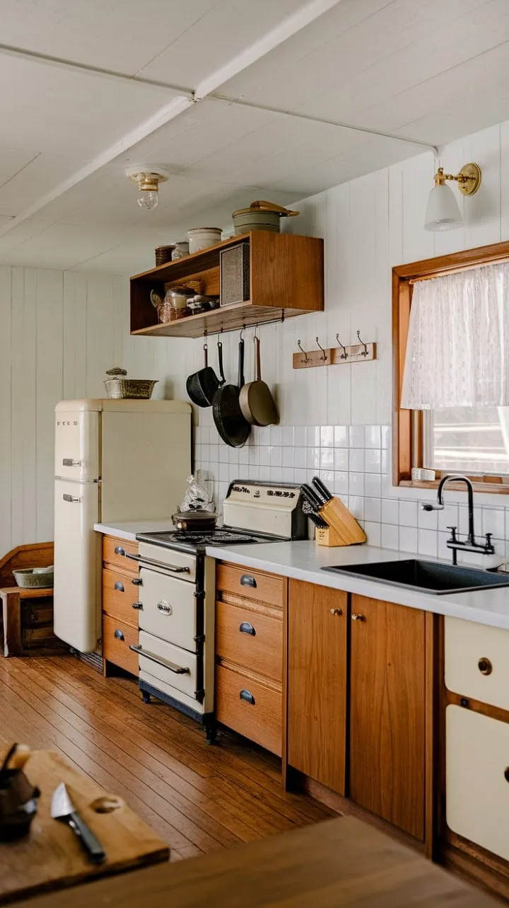 This cabin kitchen blends handcrafted wooden cabinets with a sleek white countertop and black sink, creating a warm and inviting space for culinary adventures.