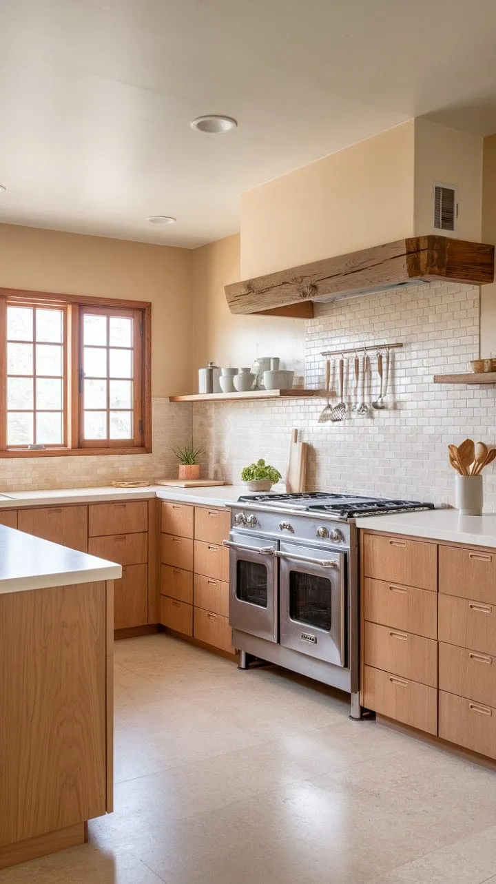 This mid-century modern kitchen makeover beautifully marries nostalgic charm with contemporary elegance, featuring light wood cabinetry, white countertops, and a vintage double oven in a bright, inviting space.