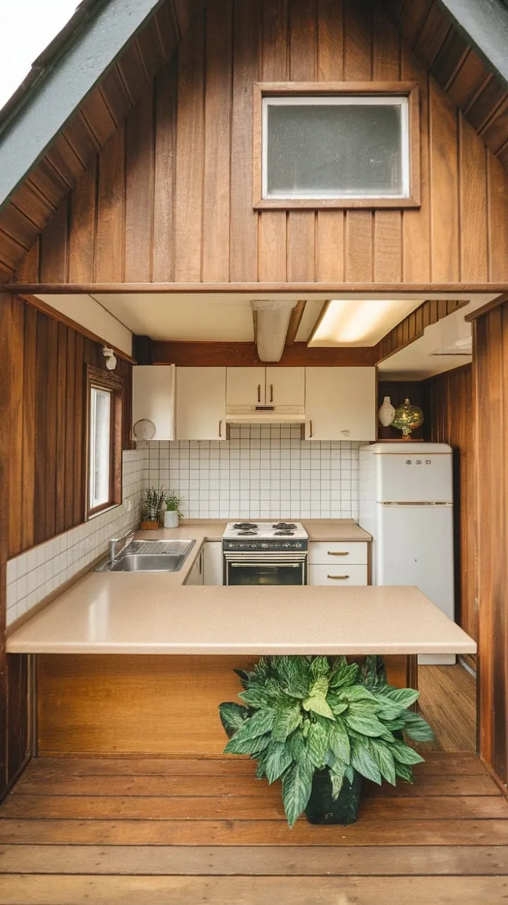 Sunlight dances through the cozy cabin kitchen, highlighting a harmonious blend of mid-century design and rustic charm that marries beauty with functionality.