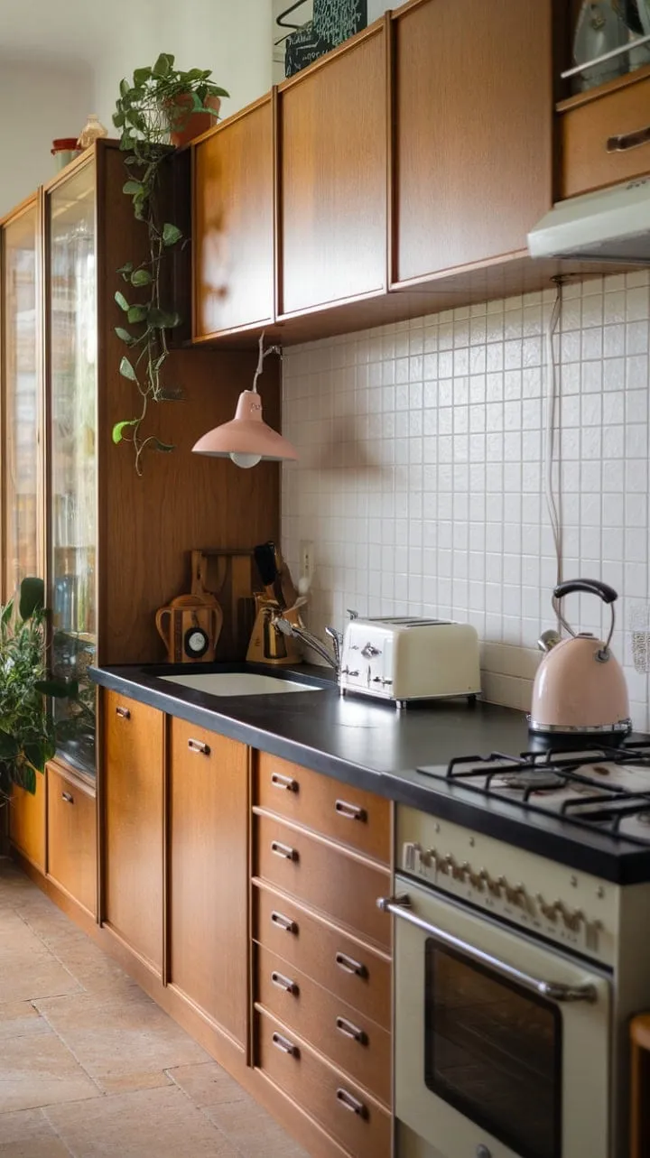 This kitchen harmoniously fuses warm wood and sleek black with mid-century flair, creating a cozy haven for culinary creativity and cherished memories.