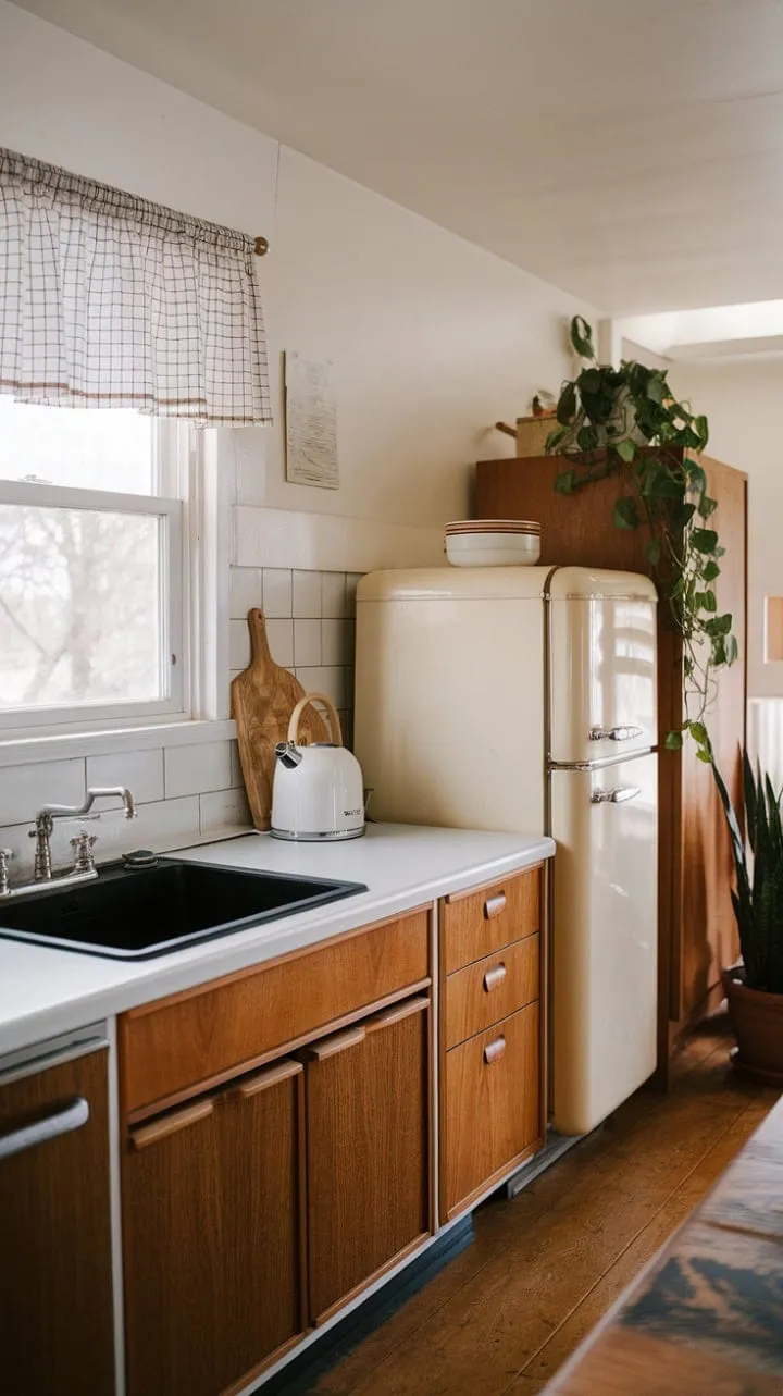 This kitchen masterfully blends rich wooden cabinetry and modern elements with vintage charm, creating an inviting yet sophisticated atmosphere.