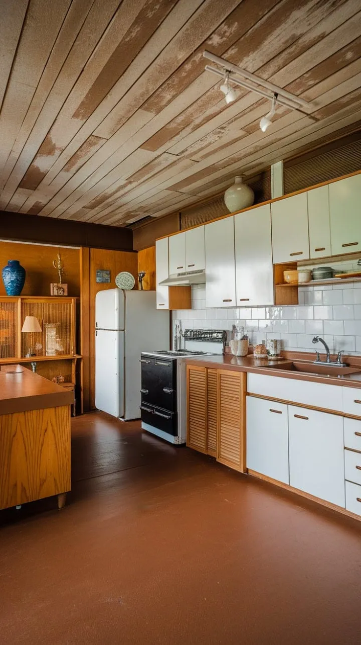 This mid-century kitchen harmoniously blends warmth and sophistication with its exposed wood ceiling, sleek white cabinets, and vintage accents.