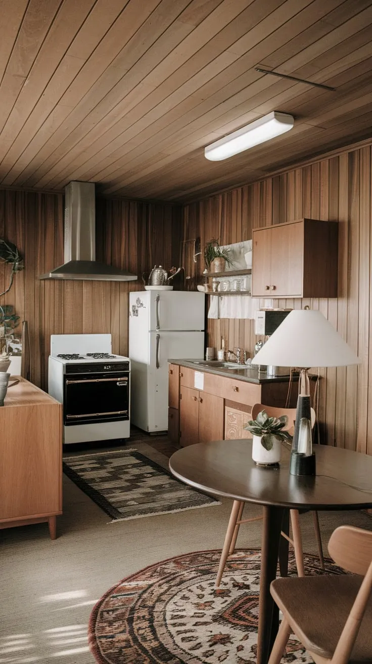 A mid-century kitchen's charm shines through its natural materials, simple design, and functional layout.