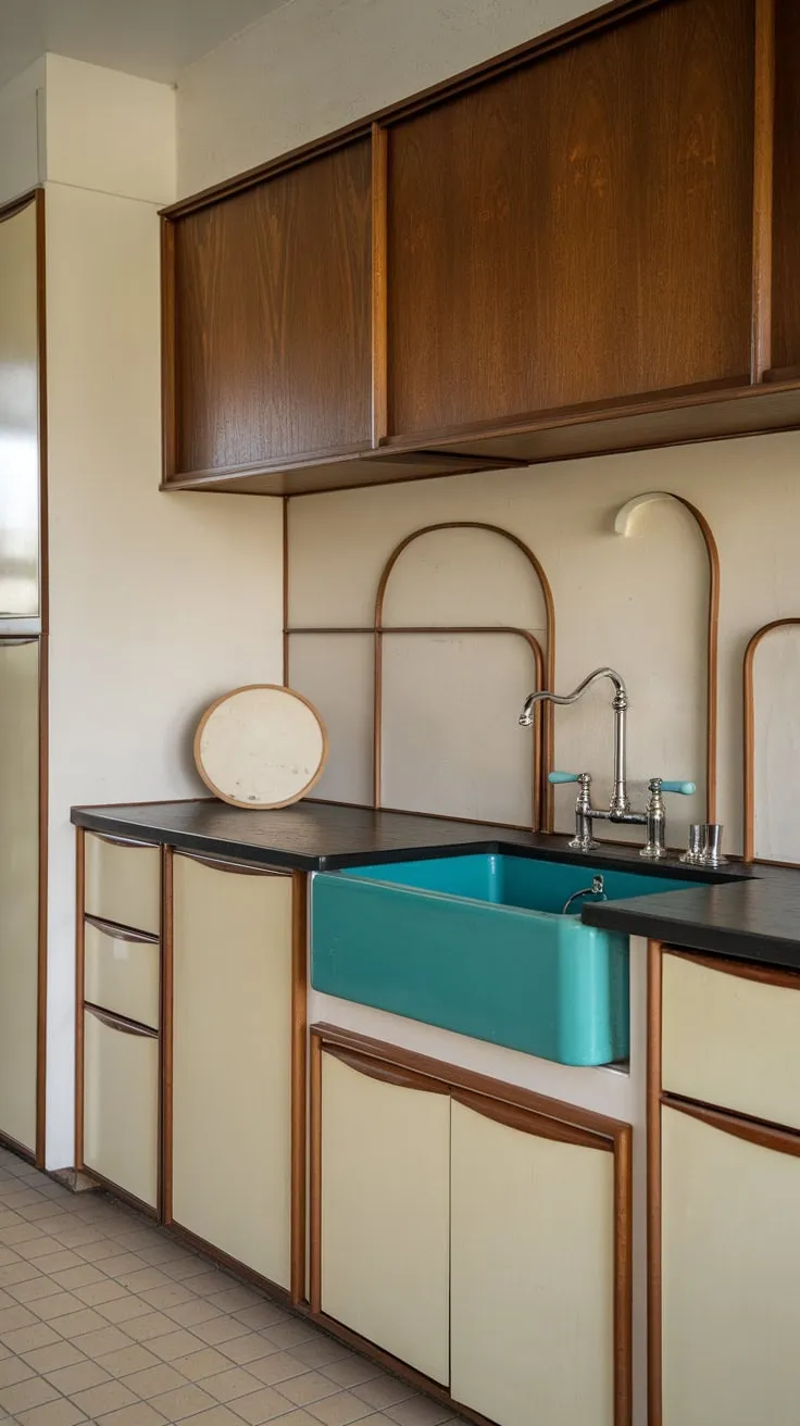 Retro teal sink and curved wall details define this mid-century modern kitchen's charm