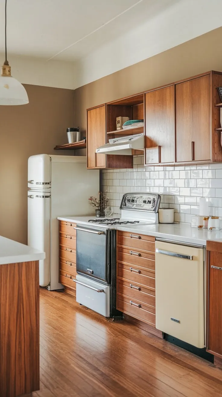 A vintage stove, refrigerator, and dishwasher complete the retro aesthetic of this mid-century kitchen, highlighted by a pendant light and wood flooring.