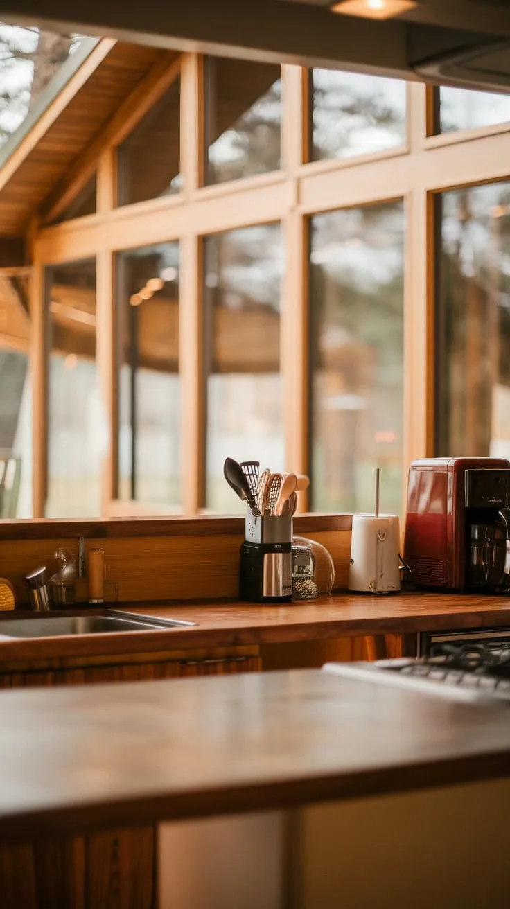 Warm lighting illuminates a mid-century modern kitchen's wooden counters and appliances, overlooking a cozy wooden cabin.