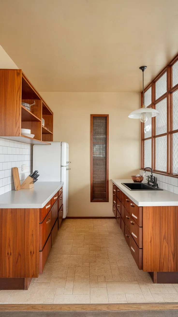 A mid-century kitchen's classic wood and white design is accented by a black sink and beige tile floor, creating a welcoming space.