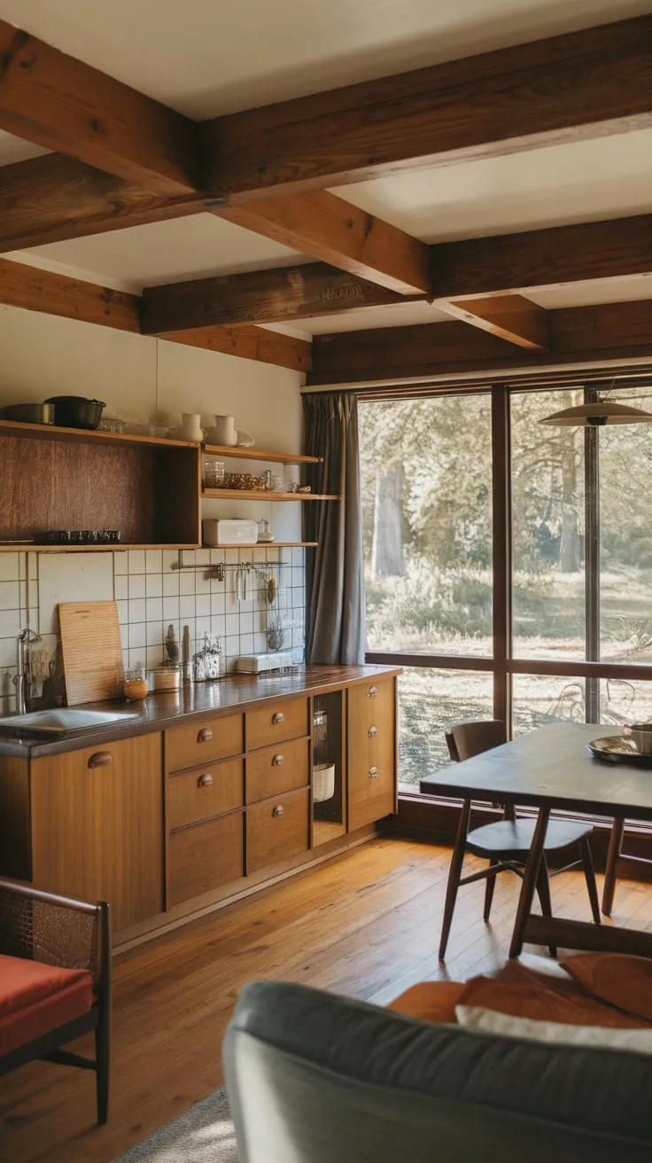 Warm wood tones and a serene view create a cozy mid-century modern kitchen perfect for relaxed dining.