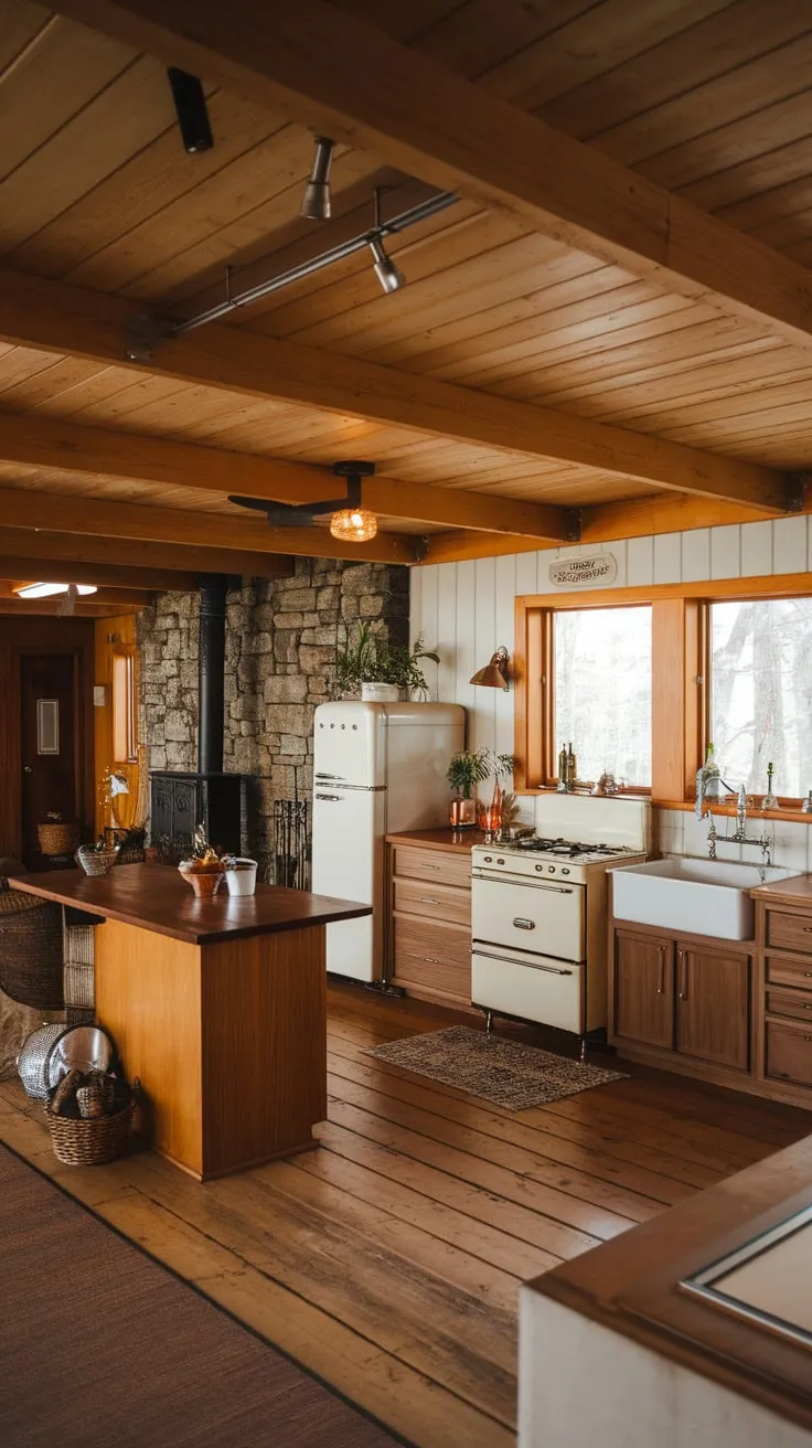 Warm lighting illuminates a mid-century modern kitchen's blend of wood, stone, and vintage appliances, creating a cozy cabin-like atmosphere.