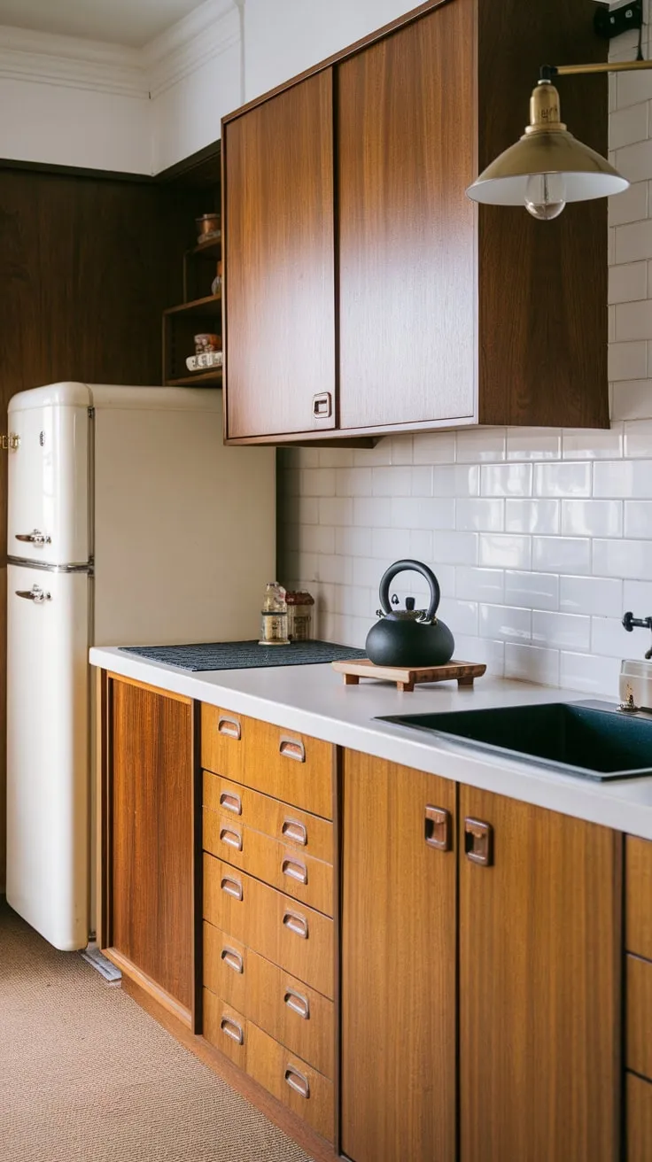 A black kettle and brass lamp add vintage charm to this mid-century modern kitchen's clean lines and wooden details.