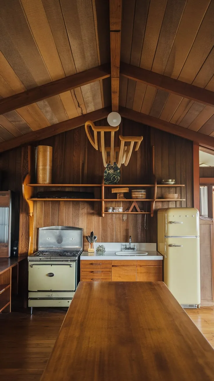 Warm wood tones and vintage appliances define this charming mid-century modern kitchen