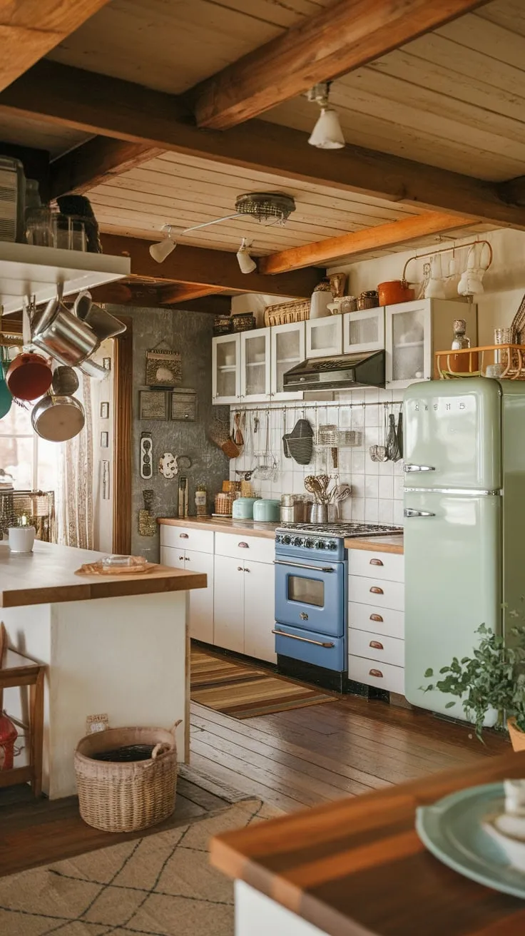 Warm wood and cheerful retro appliances create a charming mid-century cabin kitchen.