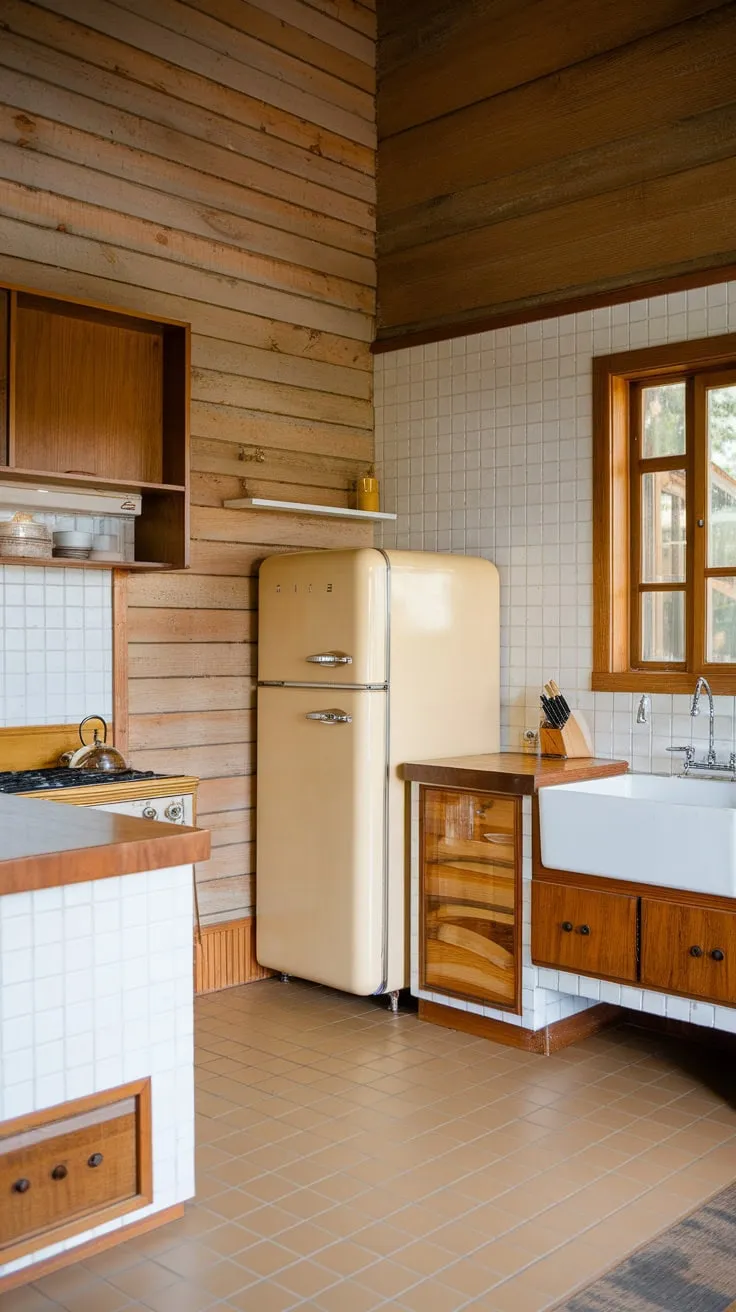 Warm beige and white tones highlight the wood accents in this charming mid-century modern kitchen, perfectly blending indoor and outdoor elements.