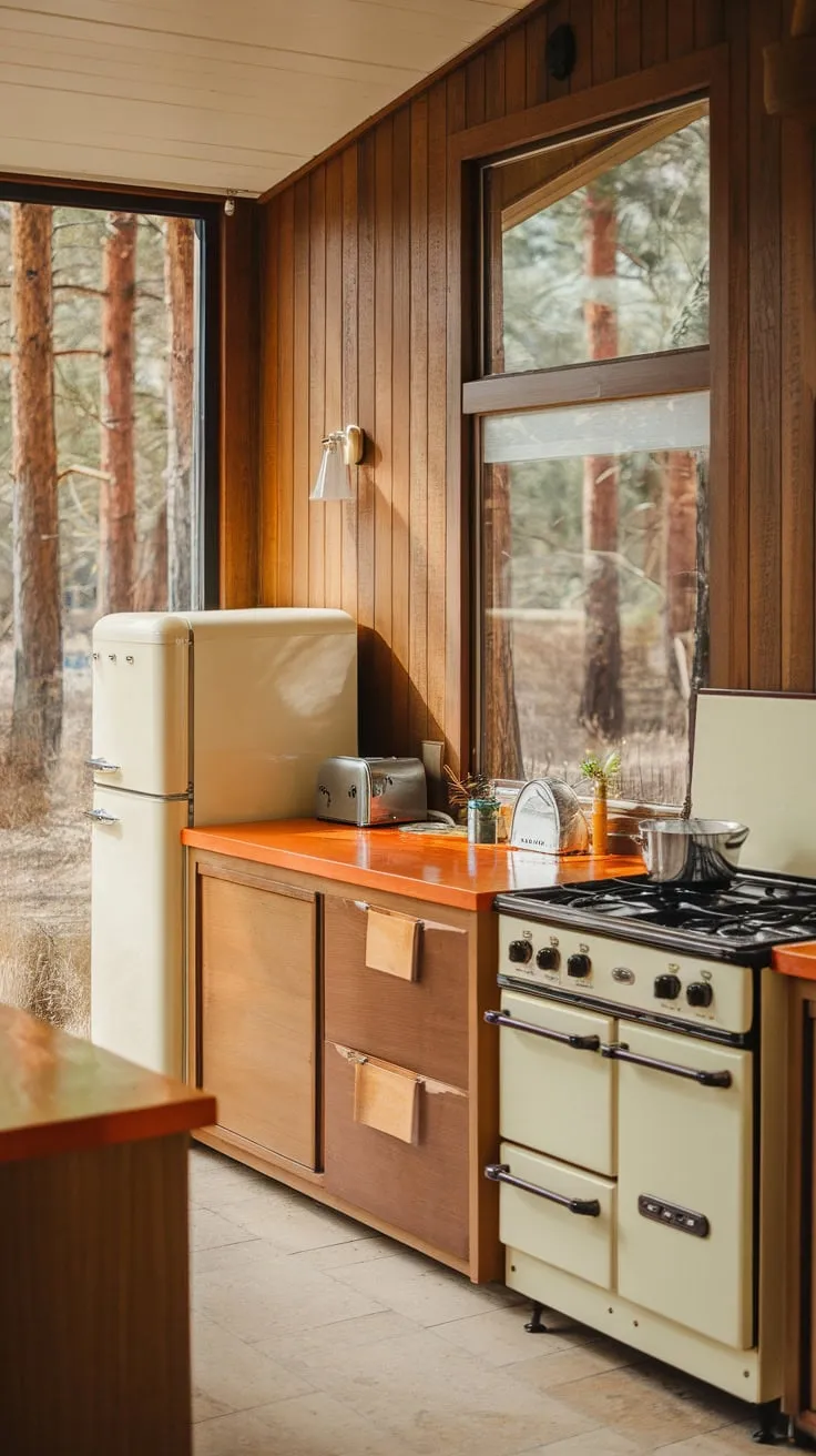 Warm wood tones and forest views create a cozy mid-century modern cabin kitchen.