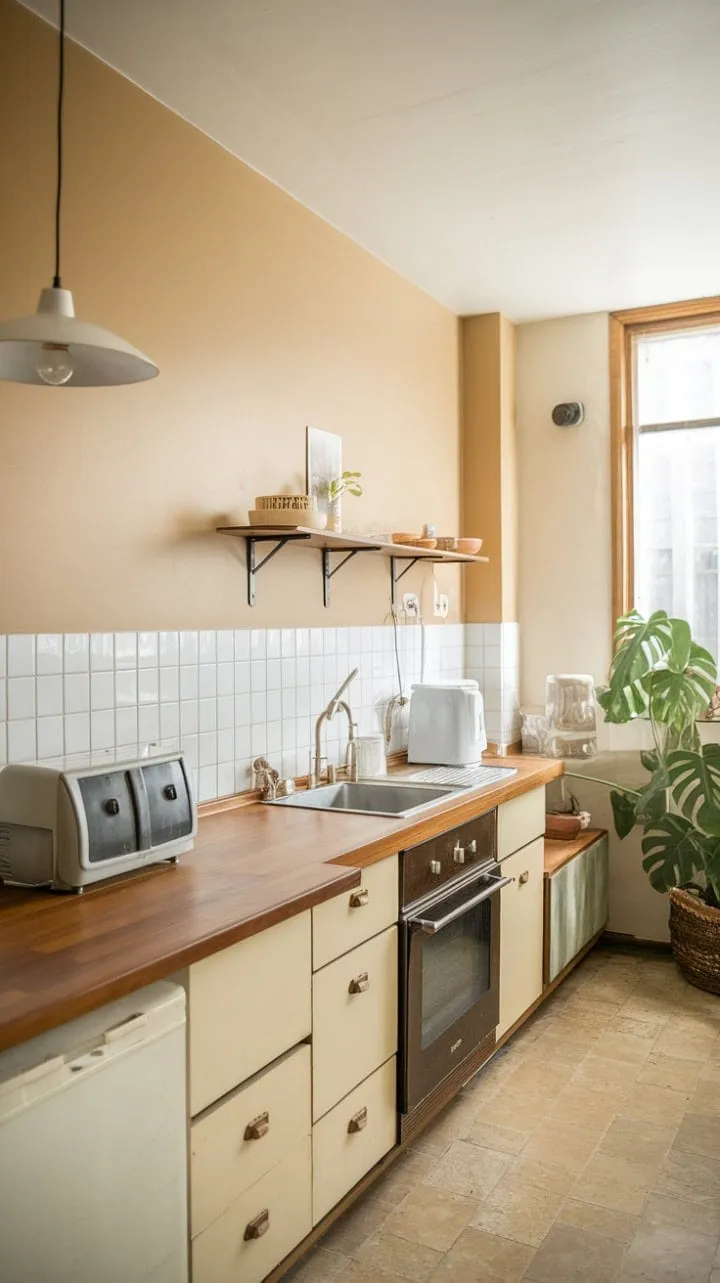 Bathed in sunlight, this serene mid-century kitchen harmoniously marries functionality with timeless elegance, highlighted by curated details like a pendant light and potted plant.