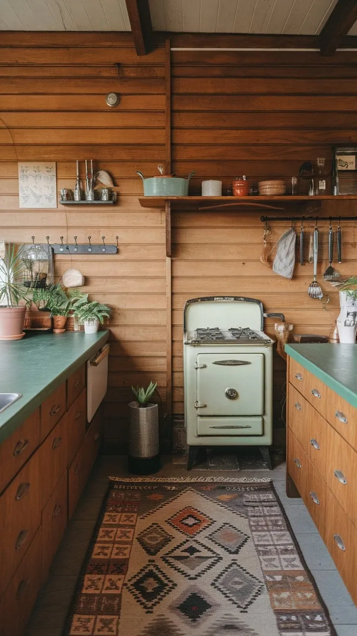 This mid-century kitchen in a wooden cabin captivates with its vibrant green countertops, rich wood cabinetry, and vintage charm, embodying timeless design.