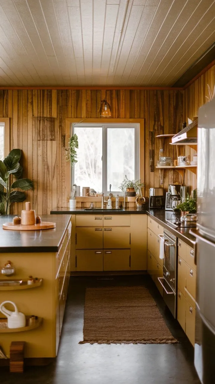 This kitchen harmoniously fuses rustic warmth with mid-century elegance, featuring a chic contrast of beige cabinetry and black countertops, accented by natural wooden touches and greenery.
