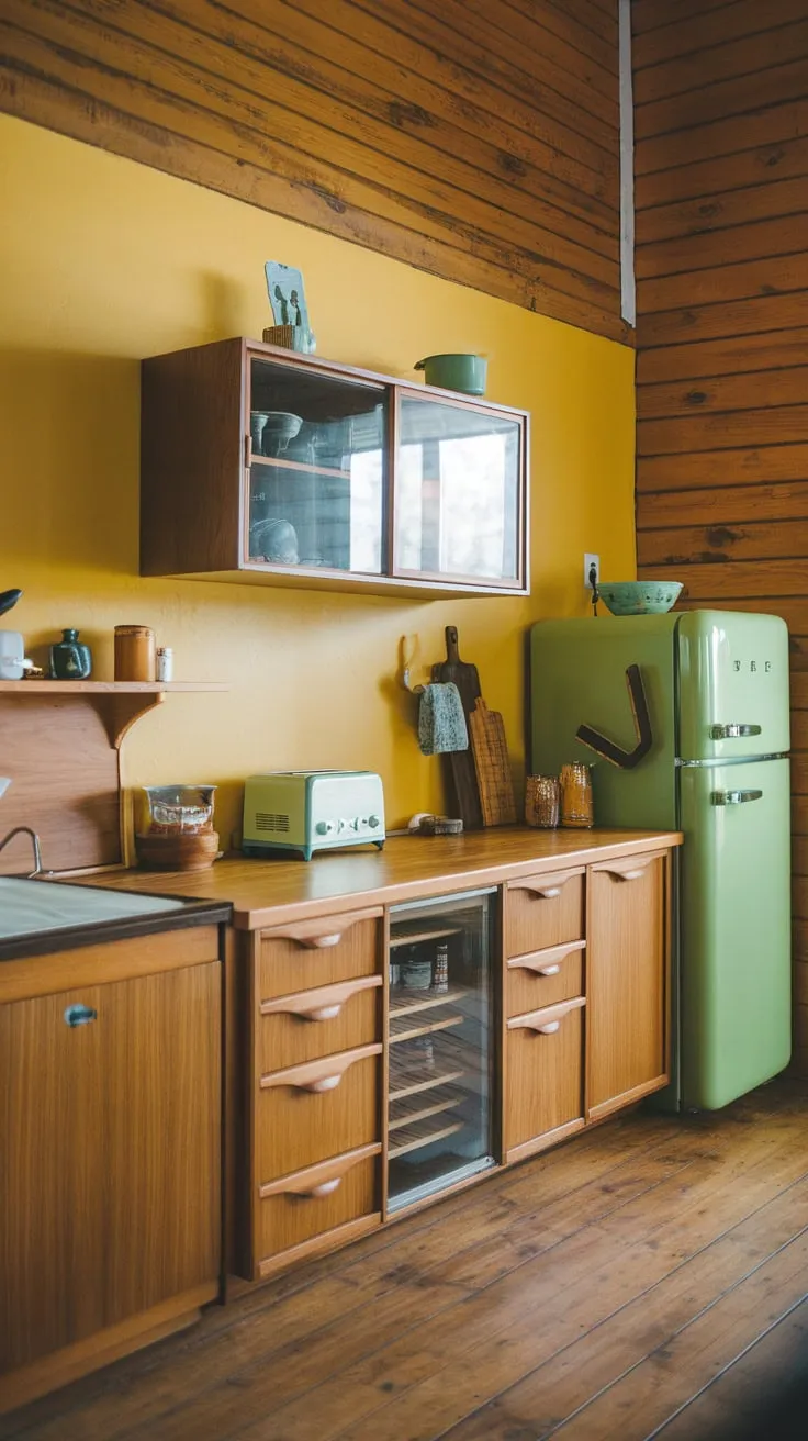 Warm yellow walls and wood-toned cabinetry create a cozy mid-century modern kitchen with a cabin-like feel.