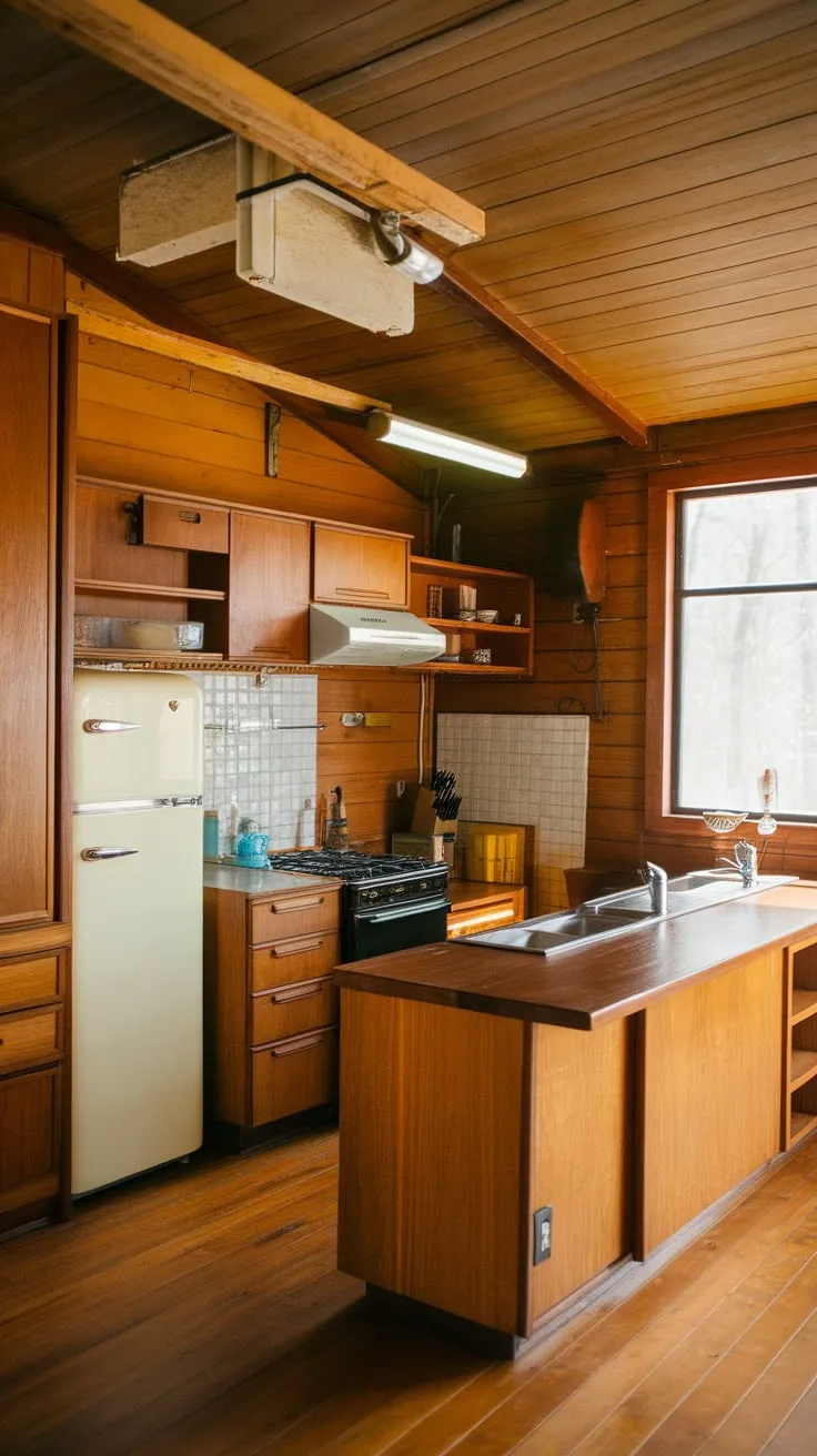 Warm wood tones define this mid-century modern kitchen's cozy cabin aesthetic.