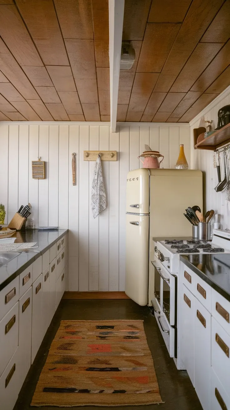 Warm wood and crisp white define this mid-century kitchen's timeless style