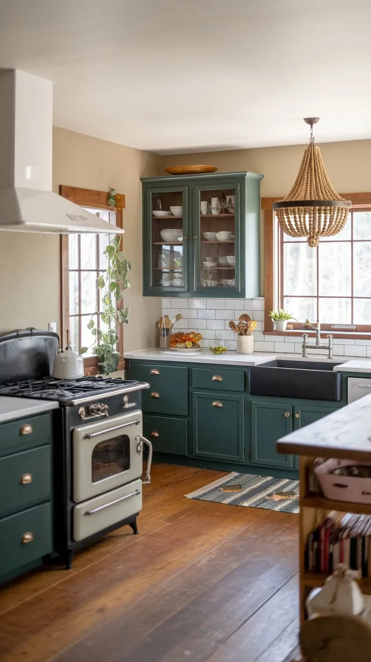 A vintage stove and wooden bead chandelier add charm to this wood-floored mid-century kitchen with a cabin-inspired feel.