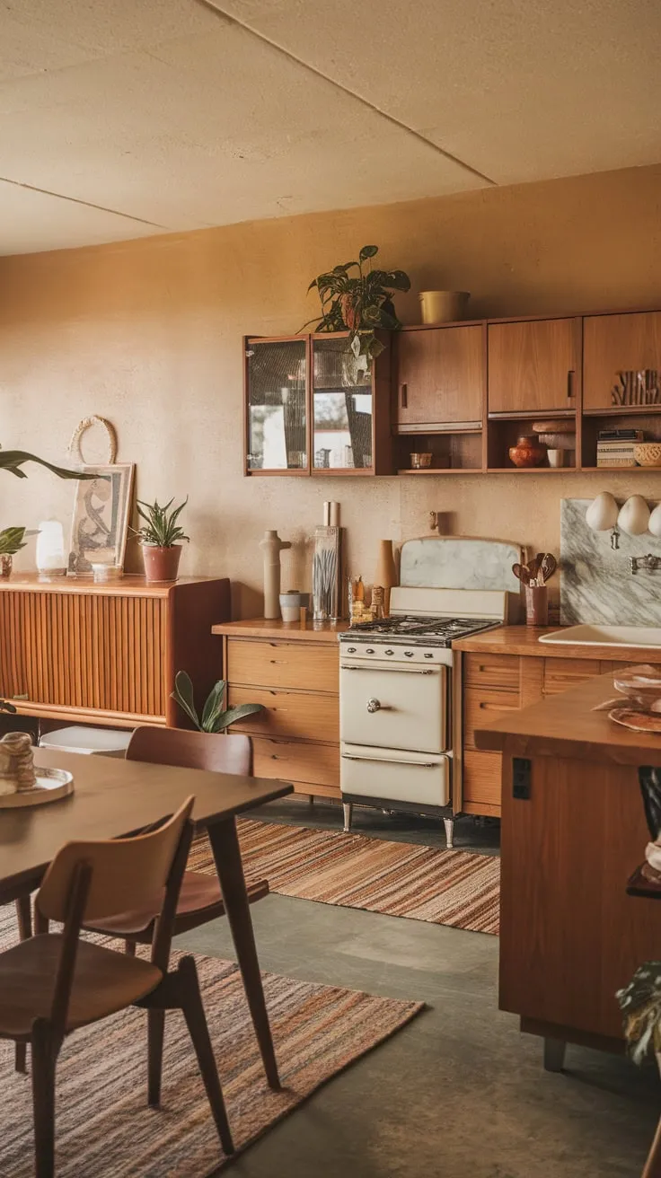 Warm wood tones, a vintage stove, and mid-century furniture create a cozy cabin-inspired kitchen.