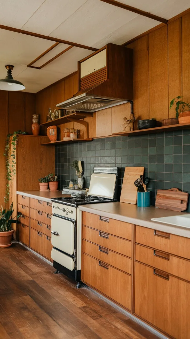 Warm wood tones, a dark green backsplash, and vintage details create a charming mid-century modern kitchen reminiscent of a cozy cabin.