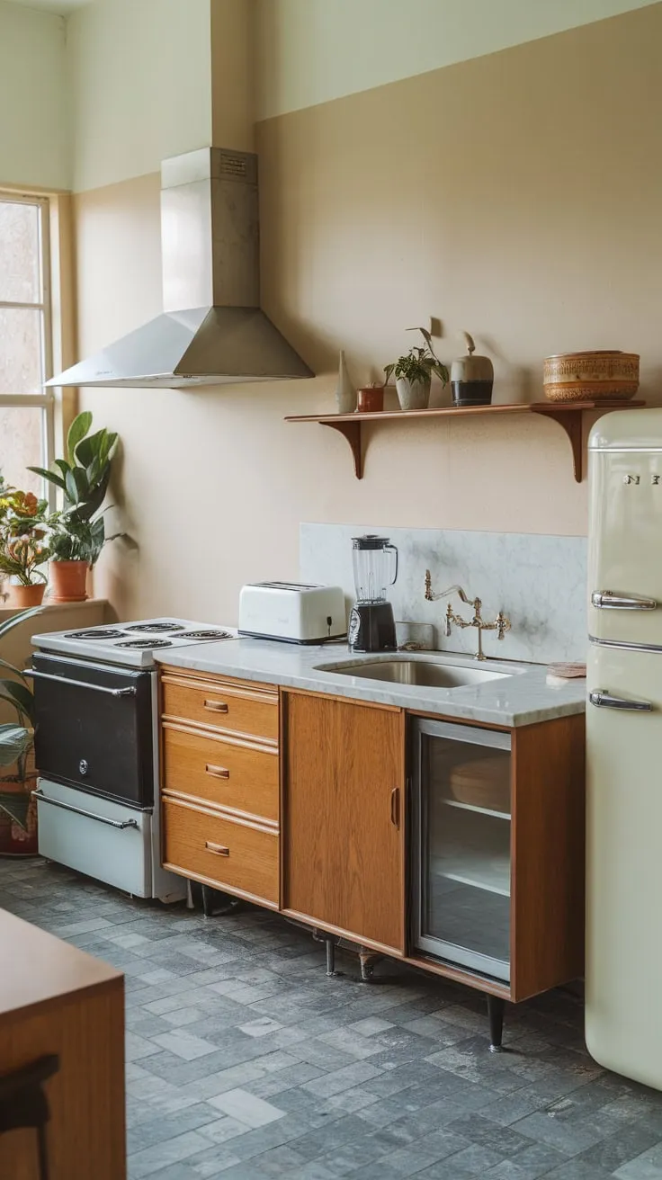 Sleek stainless steel and warm wood define this mid-century modern kitchen's timeless appeal